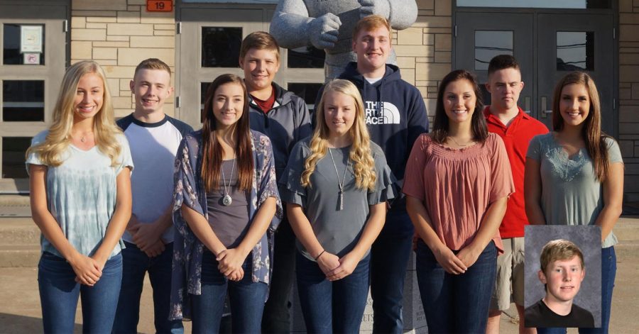Homecoming queen candidates are (front row, from left) Addie Blechle, Kamryn Wingerter, Cara Childs, Shea Petrowske and Ryn Petrowske. King candidates are (back row, from left) Erik Cowell, Chett Andrews, Drake Bollman and Austin Schweizer and (inset) Jakob Cushman.