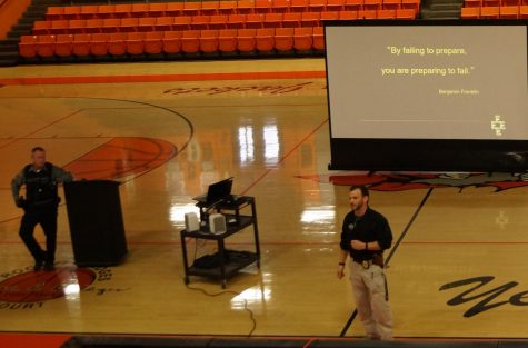 Former Chester Chief of Police Ryan Coffey (right) and Sgt. Bobby Helmers (now chief of police) gave a presentation Nov. 26, 2018, on surviving an active shooter incident.