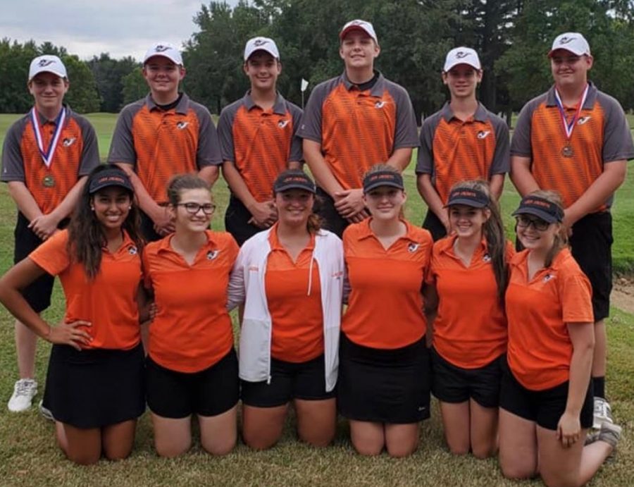 The Chester High School Boys Golf Team took second at the Black Diamond Conference tournament. In the back are conference champion Jarrett James, Kaden Freytag, Luke Miller, Chett Andrews, Chance Mott and Jaden Mott.  In the front are girls team members Jocelyn Landeros, Emma Hathaway, Samantha Eggemeyer, Alyssa Place, Kayla Bert and Maddie Hasemeyer.