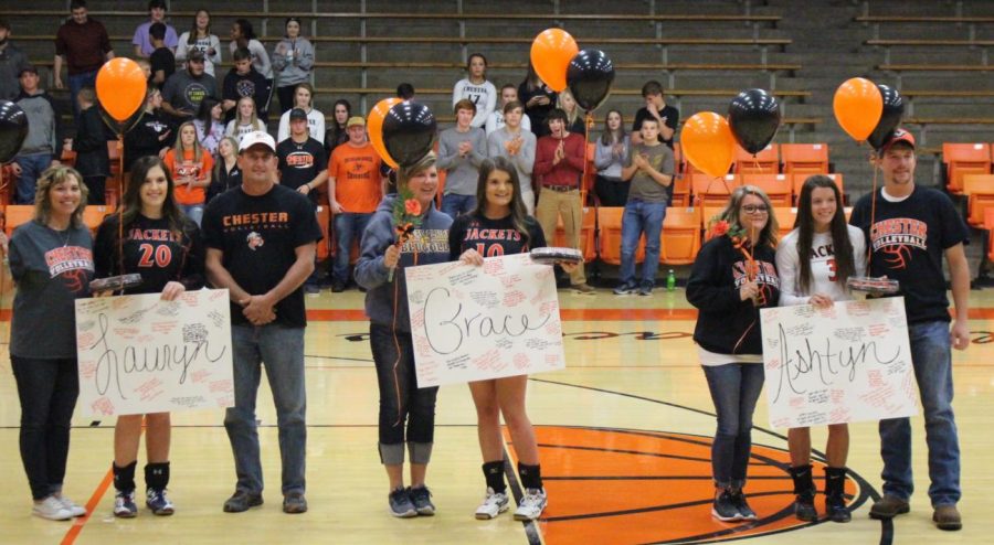 Seniors Lauryn Vasquez, Grace Stec and Ashtyn Jany were honored on Senior Night prior to the Marion game.