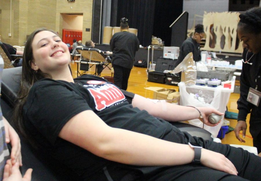 Lydia+Heck+donated+blood+during+the+Red+Cross+blood+drive+sponsored+by+the+Student+Council.