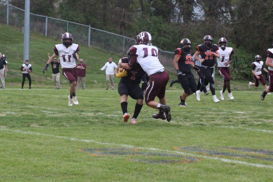 Jordan Merideth (1) (pictured in the game against Sesser), scored two touchdowns against Carmi.