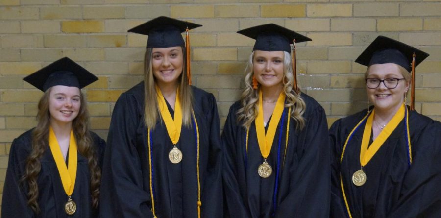 Valedictorians+for+the+Chester+High+school+Class+of+2022+were+%28from+left%29+Kaitlyn+Pfieiffer%2C+Alyssa+Seymour+and+Madi+Kribs.+Emma+Bryant+%28right%29+was+salutatorian.