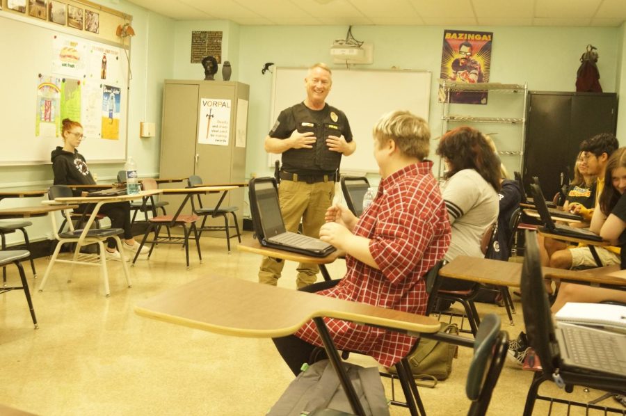 Chester Police Chief Bobby Helmers discussed school safety and other issues with the Chester High School Journalism class.