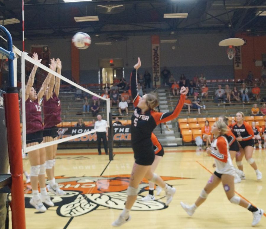 Paige Vasquez goes to the net against Red Bud.