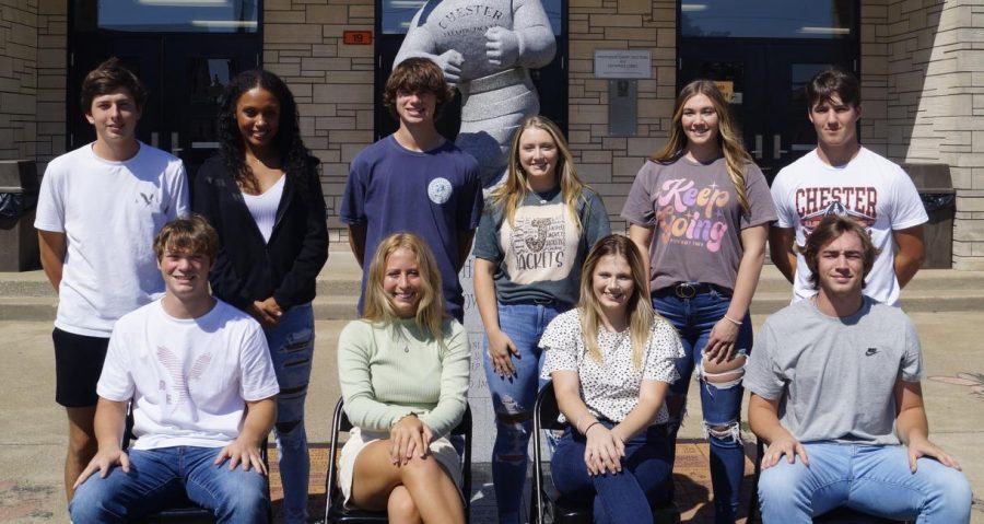 Homecoming+candidates+for+Chester+High+School+are+%28front+row%29+Korbin+Jany%2C+Camryn+Luthy%2C+Bethany+Baughman+and+Evan+Bland.+In+the+back+are+Aidan+Blechle%2C+Maleia+Absher%2C+Chance+Mott%2C+Reese+McCormick%2C+Paige+Vasquez+and+Koby+Jany.