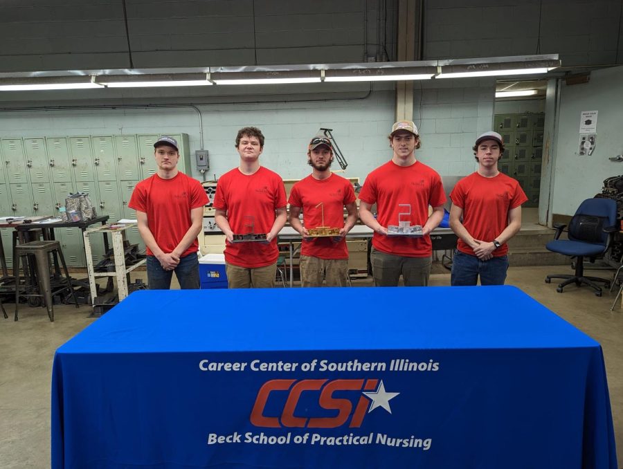 Branden Whitley (left), Colby Kelkhoff (center) and Matt James (second from right) placed in the top five during the SkillsUSA competition held at CCSI.