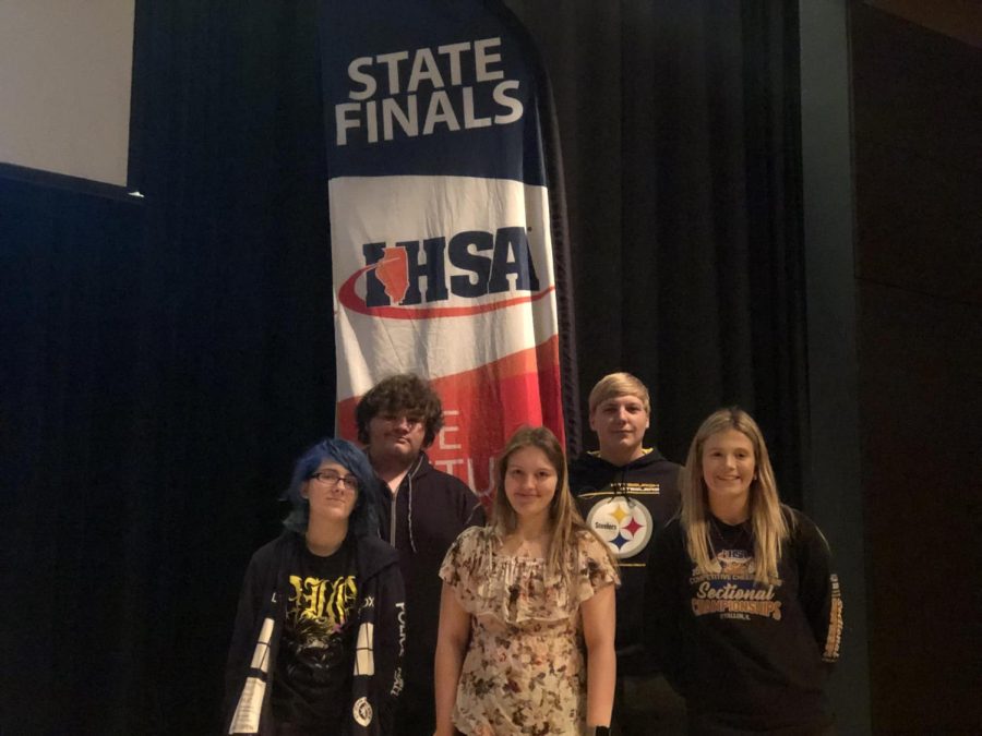 Sting+staffers+at+the+IHSA+State+Journalism+contest+were+Kerringtyn+Malley%2C+Aden+McFarland%2C+Haley+Hoskin%2C+Clayton+Andrews+and+Bethany+Baughman.