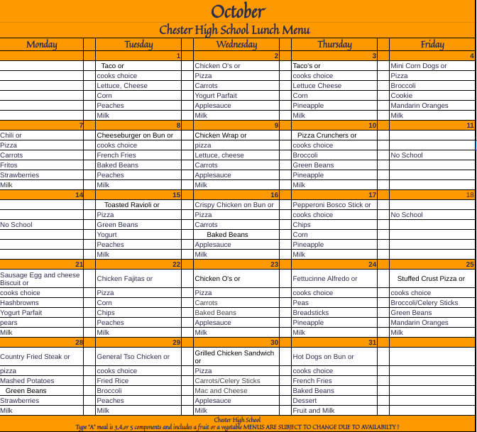 October Lunch Menu