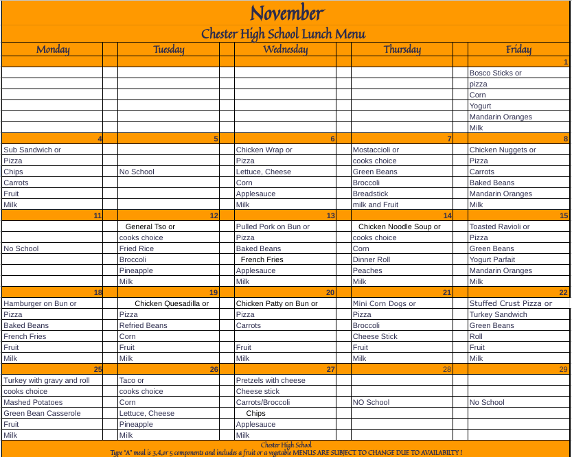 November Lunch Menu