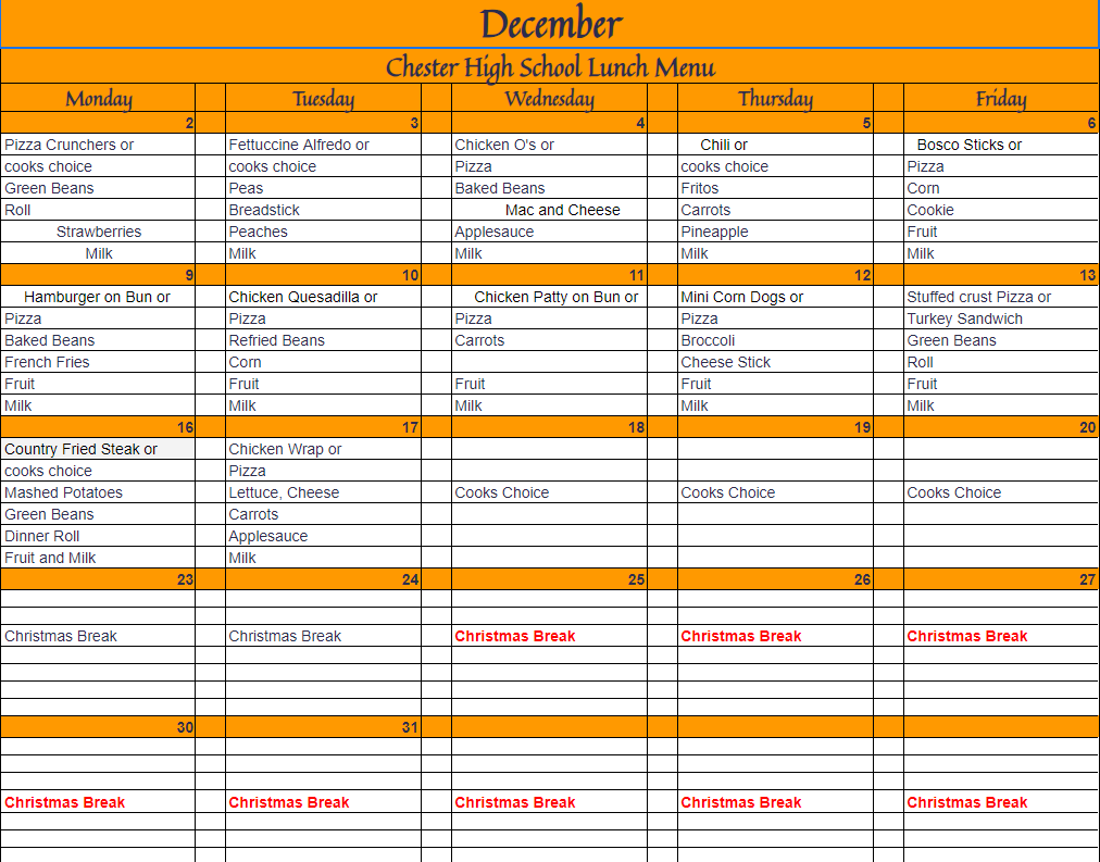 December Lunch Menu