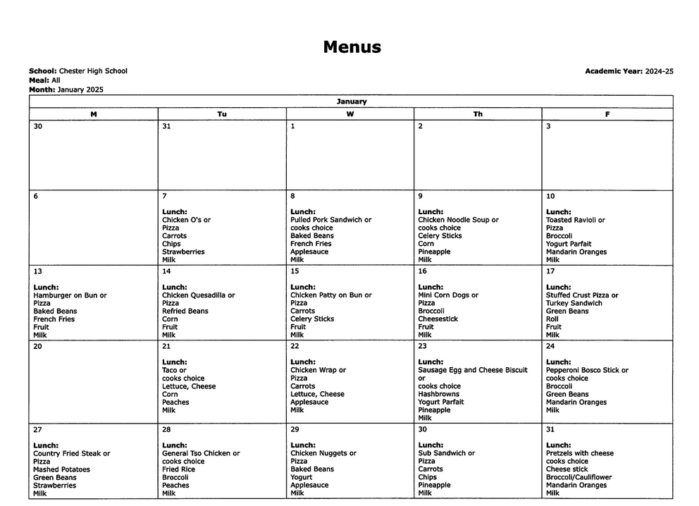 January Lunch Menu