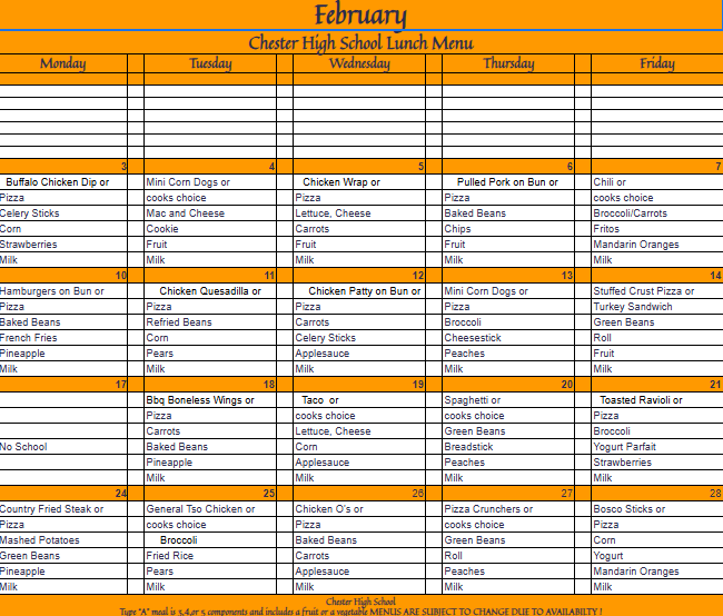 February Lunch Menu