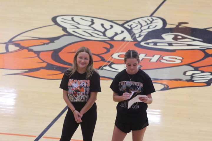 Seniors Callie Davis and Southern LaChance leading the pep rally cheers