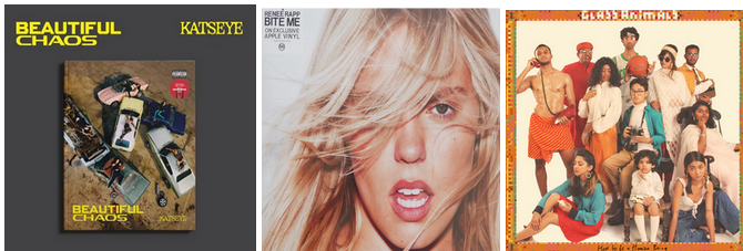 Album art copyrights: 
#1:Katseye, 	
Hybe UMGGeffen Fair use
#2:Renee Rapp, Interscope Fair use 
#3: Glass Animals,  Wolf Tone Fair use 