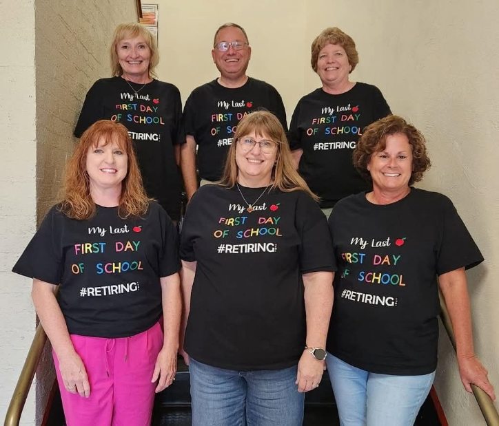 The 2025-2026 retiring teachers: Front Row (left to right): Mrs. Mary Bohnert, Mrs. Robin Renfore, and Mrs. Gail Kordys
Back Row: Mrs. Cheri Dierks-Boyd, Mr. Steve Colonel, and Mrs. Sue Colonel
