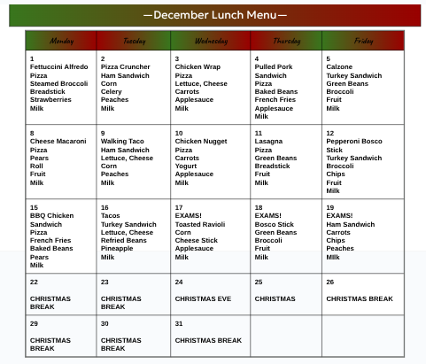December Lunch Menu