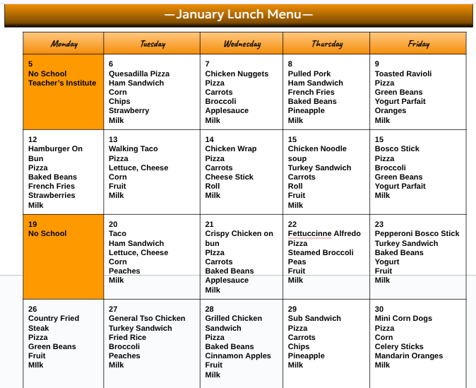 January Lunch Menu