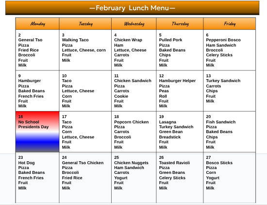 February Lunch Menu